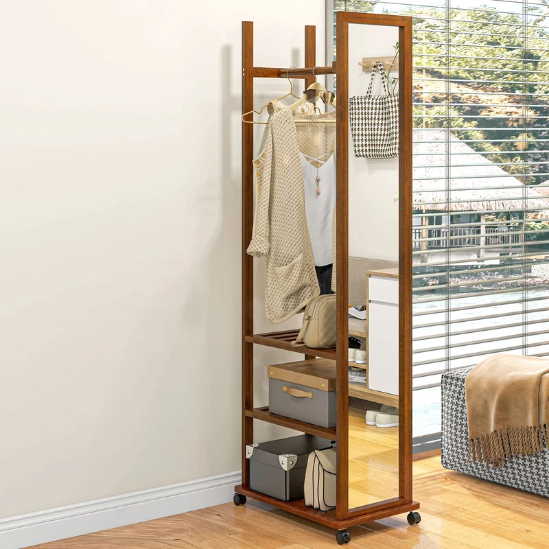 HOMCOM – Standspiegel mit Garderobe, Kleiderstange, 3 Ablagen und Rollen, Kiefernholz, Walnuss