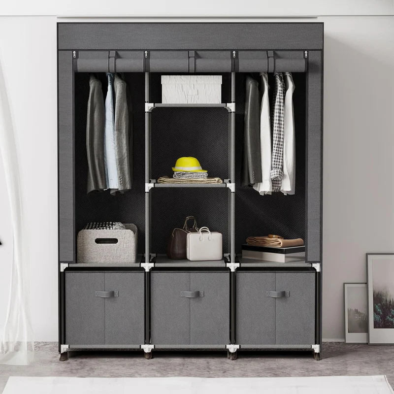 HOMCOM - Stoffkleiderschrank, Faltschrank, Faltbarer Kleiderschrank, Stoffschrank, Garderobe Faltbar, mit Reißverschluss, Vliesstoff, Dunkelgrau