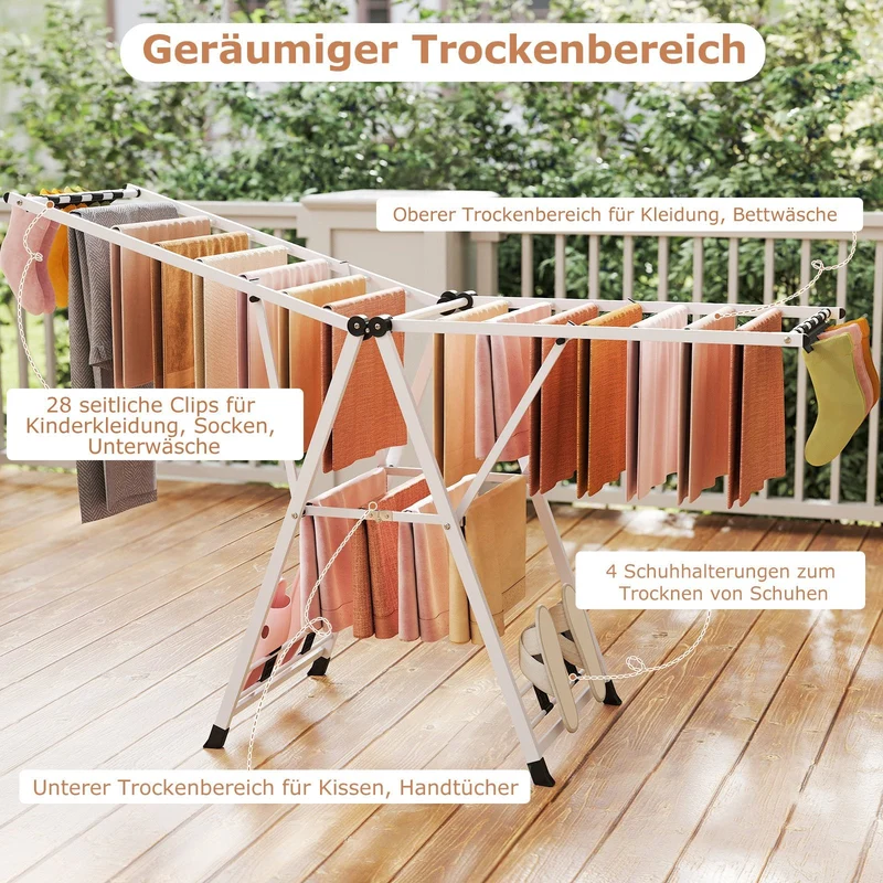 Costway - Wäscheständer Platzsparend, Wäscheständer Klappbar, Höhenverstellbare Flügeln, Sockenklammern & Schuhablage, Lange 184cm, Weiß