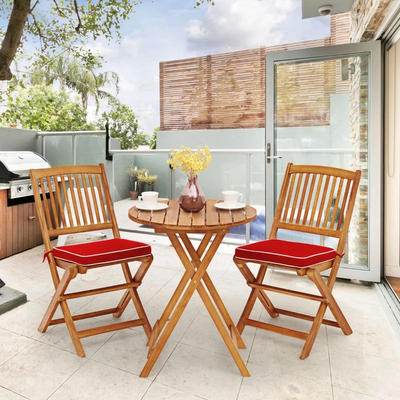 Costway - Terrassenmöbel, 3-TLG. Terrassenmöbel-Set mit Rundem Tisch & 2 Stühlen & 2 Kissen Ergonomische Sitzgarnitur, Rot