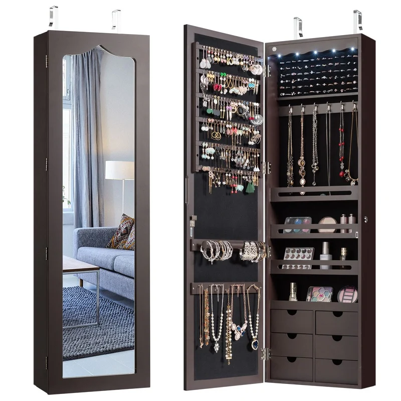 Costway - Spiegelschrank, Schmuckaufbewahrung, Schmuckschrank Wand, Türschmuckschrank mit großem Spiegel, Braun