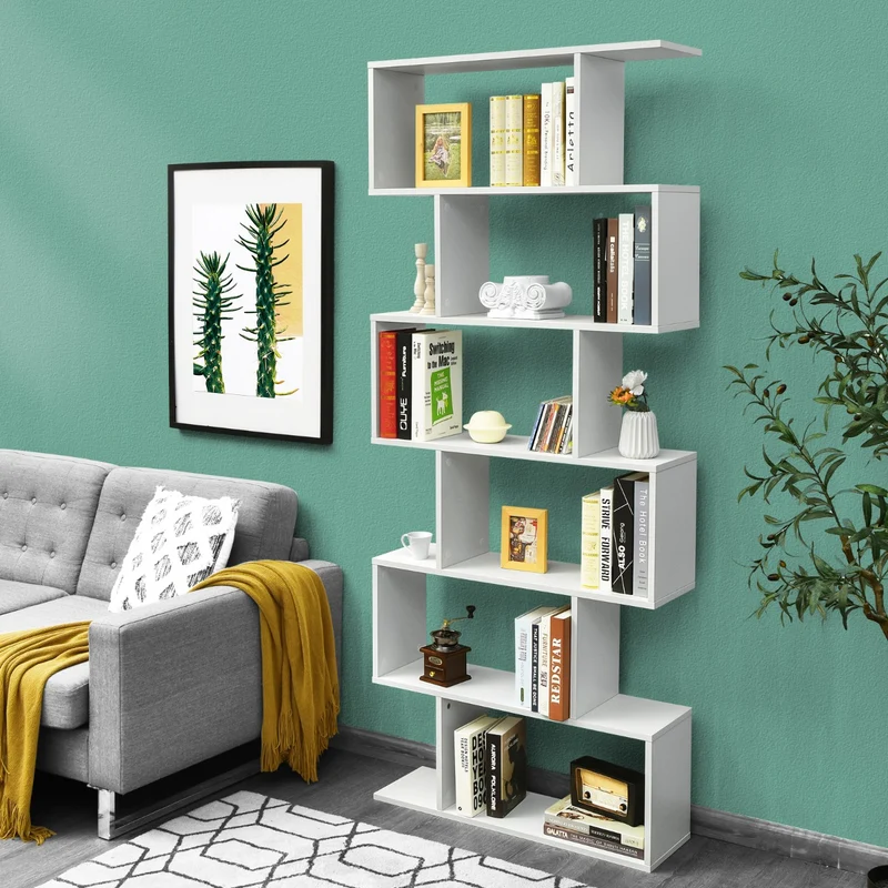 Costway - Bücherregal, Bücherregal mit 6 Ebenen, S-Form Standregal, Aufbewahrungsregal, Holz, Farbwahl-Weiß