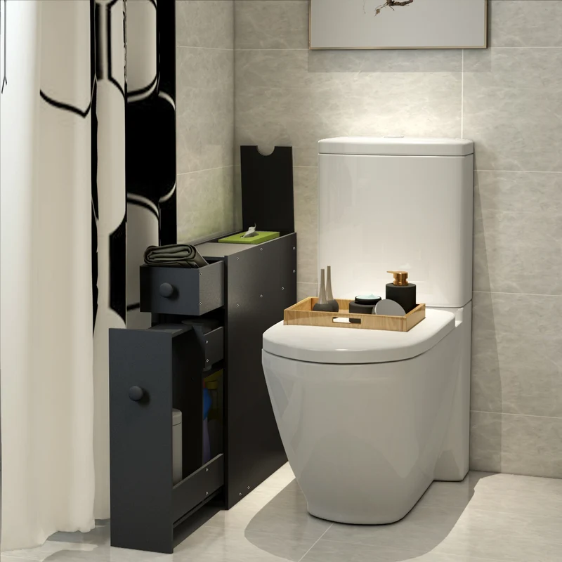 Costway - Badschrank, Schmaler Nischenregal mit Schubladen, Badschrank aus Holz, Seitenschrank, Schwarz