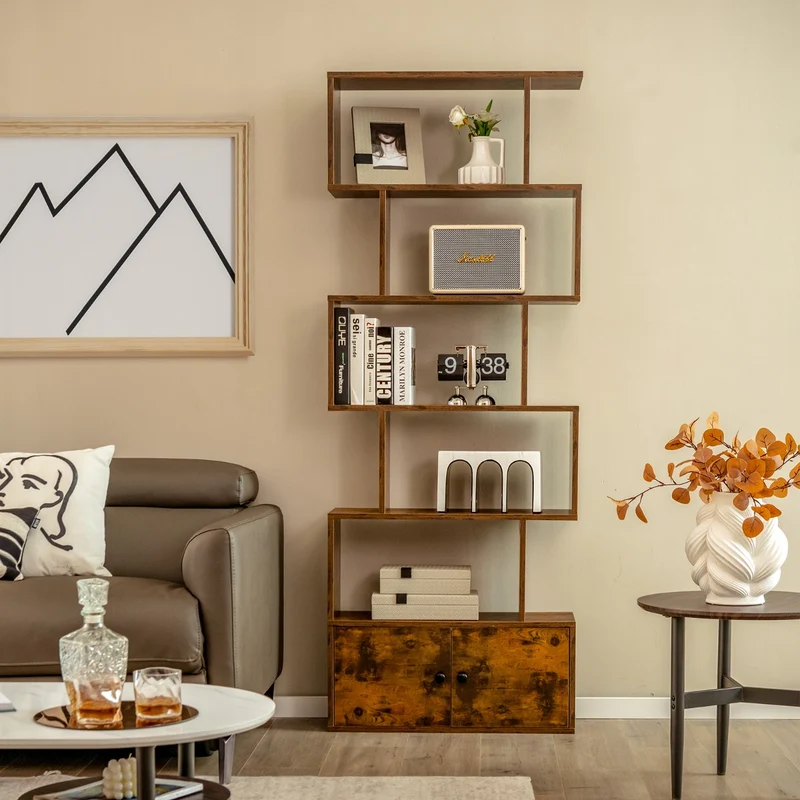 Costway - Bücherregal, Bücherregal 5 Ebenen, mit Türen, Standregal, aus Holz, 183 x 70 x 23 cm, Raumteiler Braun