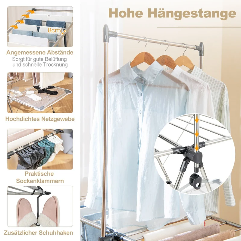 Costway - Wäscheständer, mit Kleiderstange, 2-stufiger, Höhenverstellbare Flügel, Wäscheständer Balkon, Edelstahl, Wäscheständer Stabil, Silber