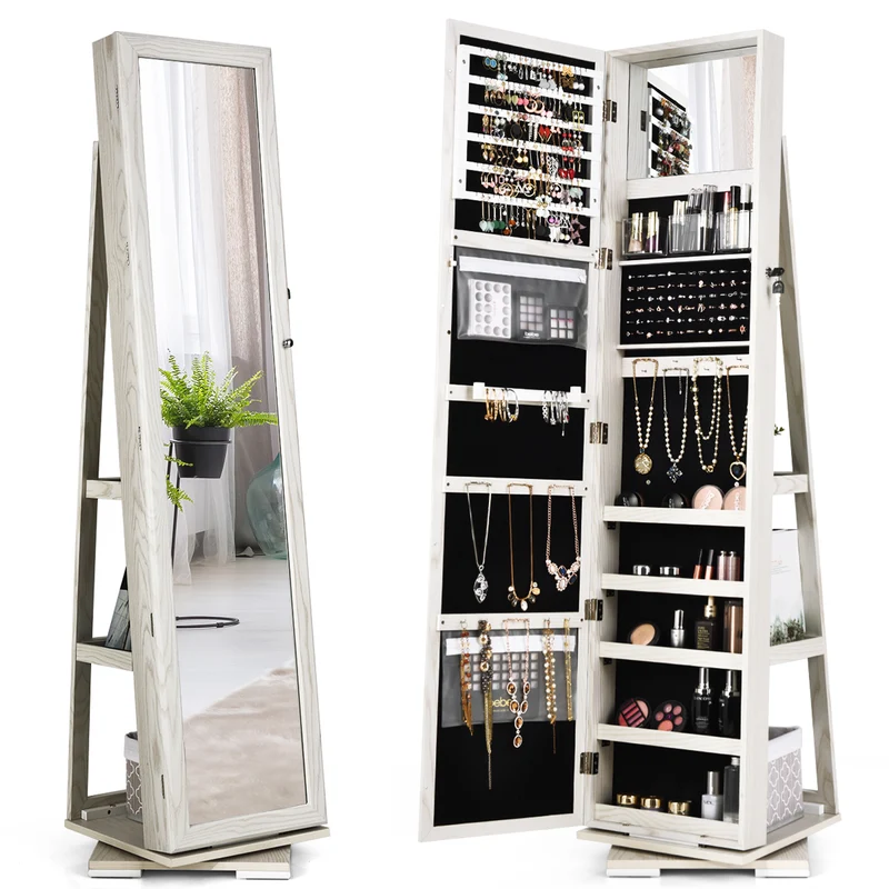 Costway - Spiegelschrank, Schmuckaufbewahrung, Um 360° drehbarer Schmuckschrank 2 in 1, Weiß