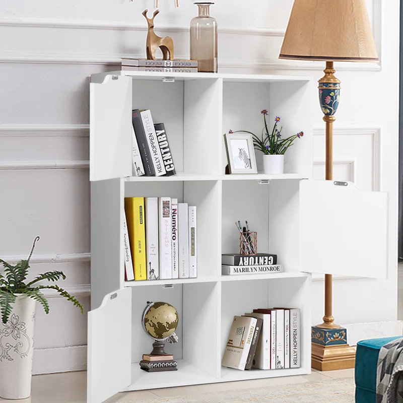 Costway - Bücherregal, Freistehendes Regal mit Türen aus Holz, Bücherregal mit 3 Offenen & 3 Geschlossenen Fächern