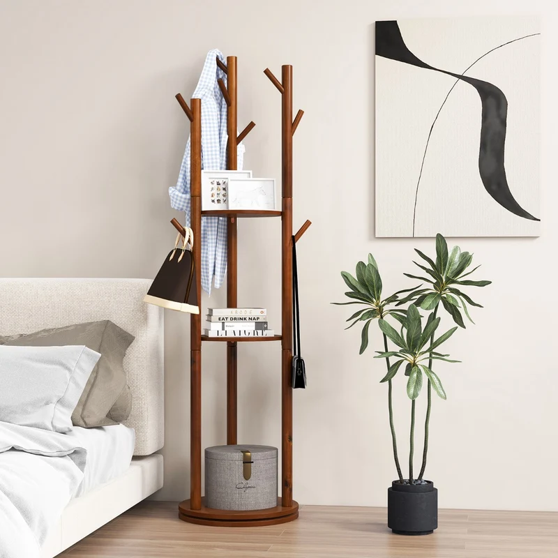 Costway – Drehbarer Garderobenständer aus Holz mit 3 Ablagen und 9 Haken, 42 × 167 cm, Walnuss