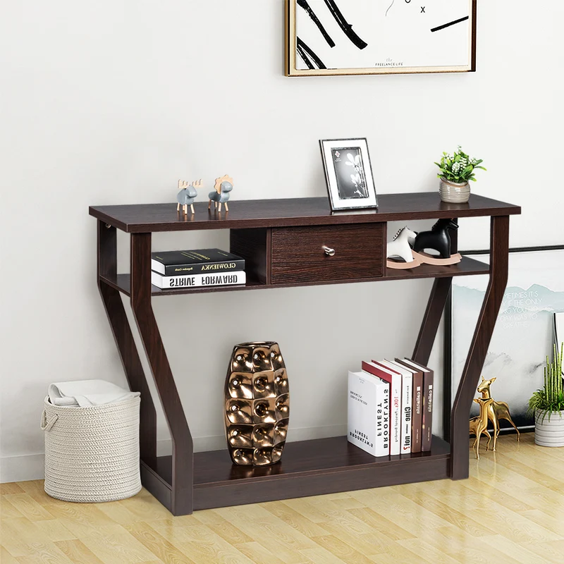 Costway - Konsolentisch, Konsolentisch Schmal, Flurtisch mit Schublade und Regal, 120 x 30 x 81 cm, Braun