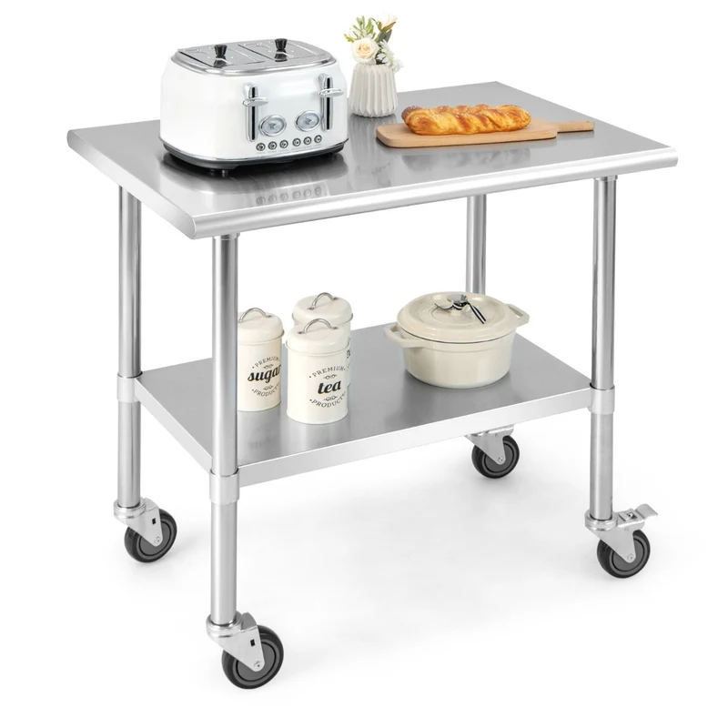 Costway – Küchenwagen, Edelstahltisch und Arbeitstisch auf Rollen, Edelstahl/Silber, 91,5 × 61 × 89,5 cm