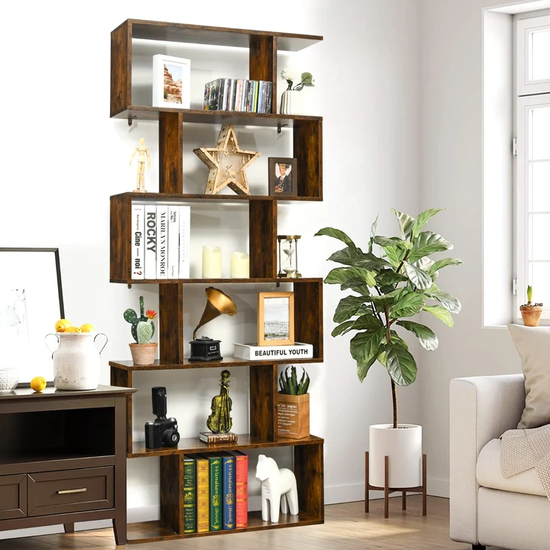 Costway – S-förmiges Bücherregal mit 6 Ebenen, freistehend oder zur Wandmontage, Weiß/Schwarz