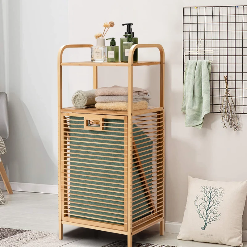 Costway – Badschrank aus Bambus mit ausklappbarem Wäschekorb und Ablage, 40,5 × 33 × 95,5 cm, Natur