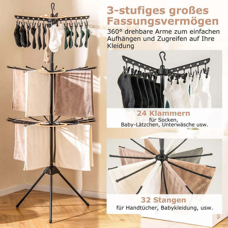 Costway – 3-stufiger, klappbarer Wäscheständer-Turm, 178 cm hoch, mit 24 Clips und 32 Stangen, Schwarz