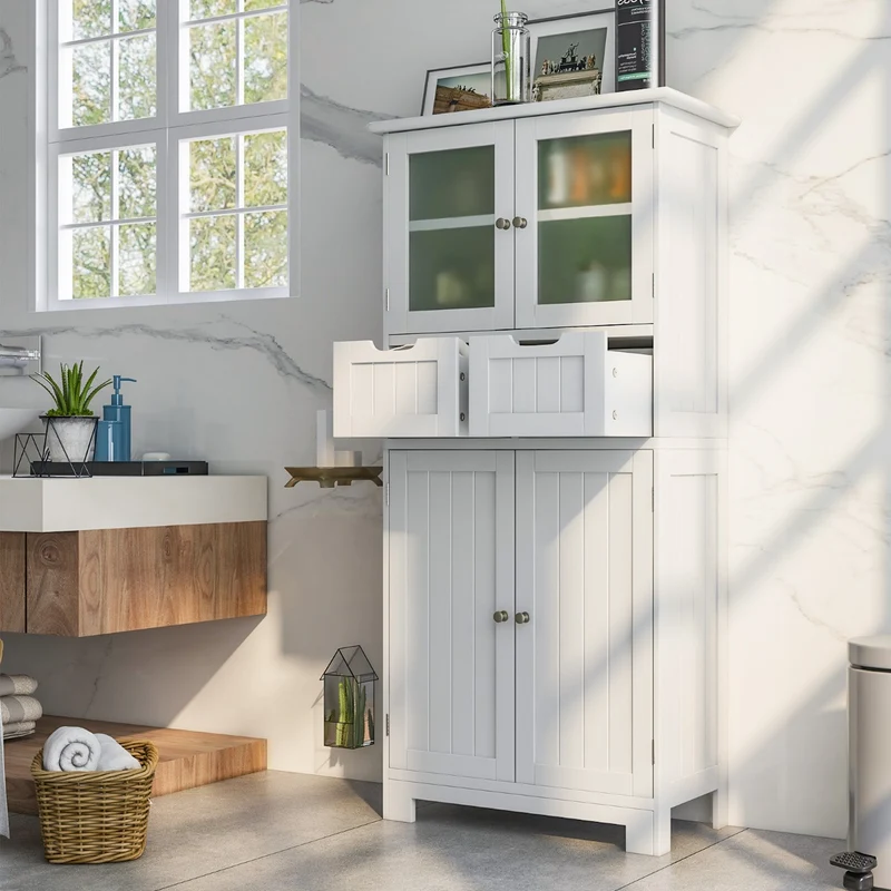 Costway - Bücherregal, Vorratsschrank Freistehender Badezimmerschrank mit 2 Glastüren, 60 x 30 x 128 cm, Weiß