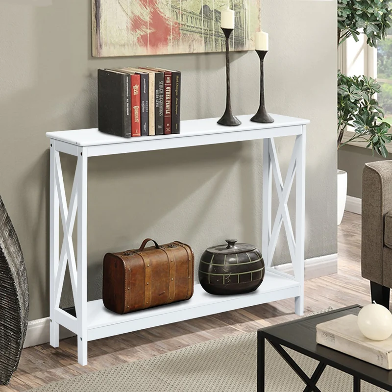Costway - Konsolentisch, Konsolentisch Schmal, X-förmiger Schmaler Konsolentisch mit 2 Etagen, 100 x 30 x 80, cm Weiß