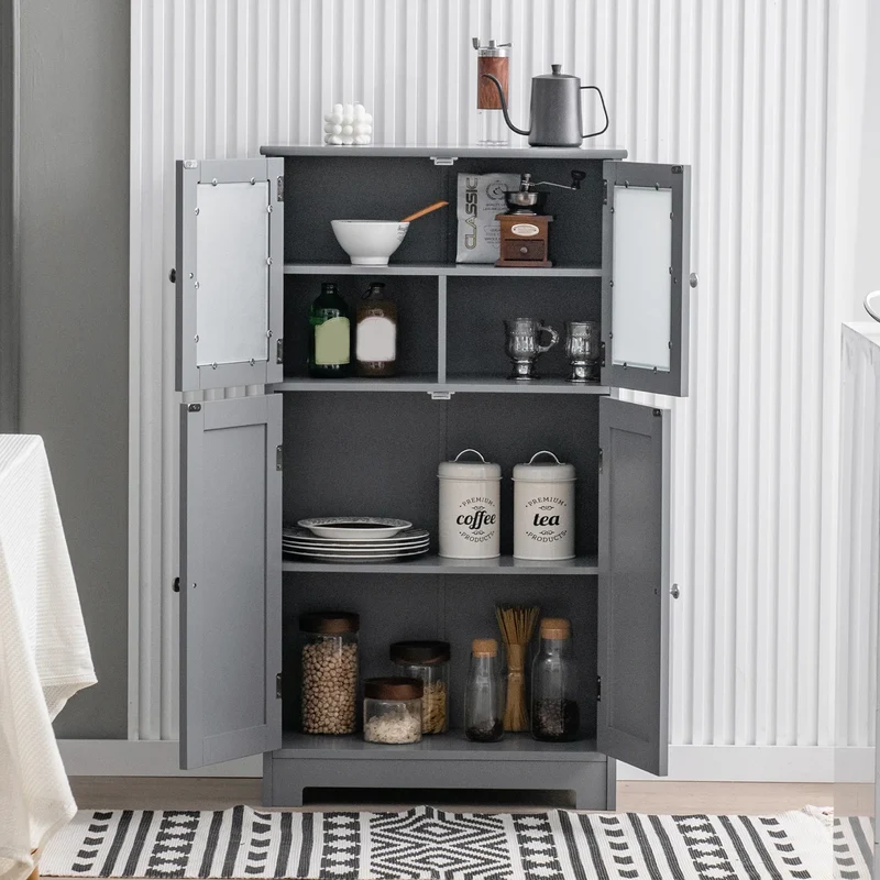 Costway – Freistehender Badezimmerschrank mit 4 Glastüren, 58 × 30 × 109 cm, Grau
