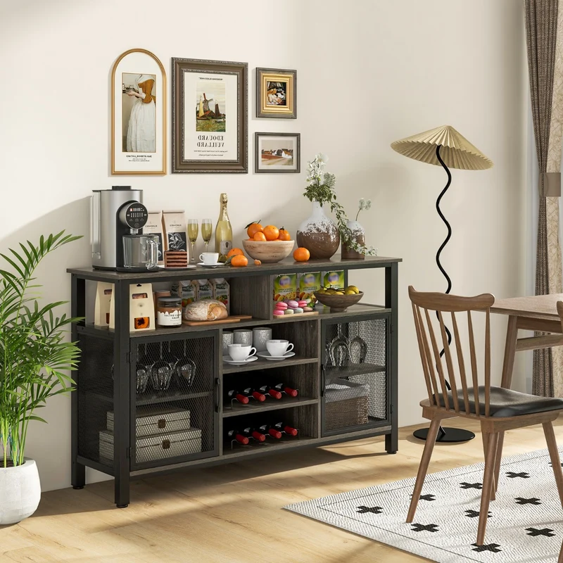 Costway - Sideboard, mit 2 Metallgittertüren, Weinregal, Flaschenregal, Offenen Fächern, Weinregalen, Weinglashaltern, Grau