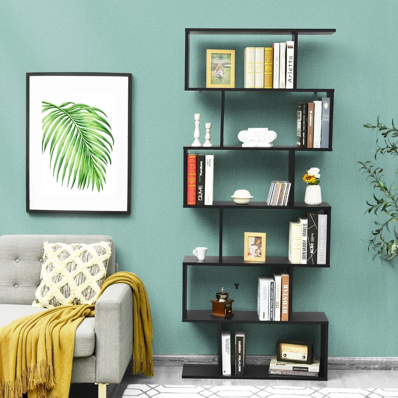 Costway - Bücherregal, Bücherregal mit 6 Ebenen, Standregal S-Form, Aufbewahrungsregal, Holz, Farbwahl-Schwarz