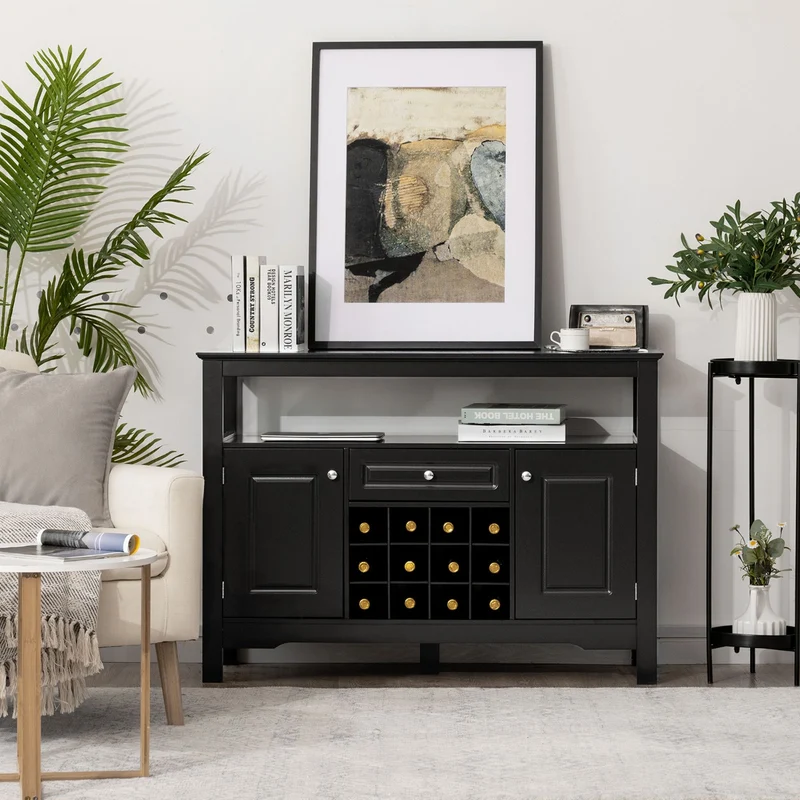 Costway - Sideboard, Weinregal, Flaschenregal, Modernes Esszimmerbuffet mit Weinregal und Schränken & Schublade 117 x 40,5 x 82,5 cm Schwarz