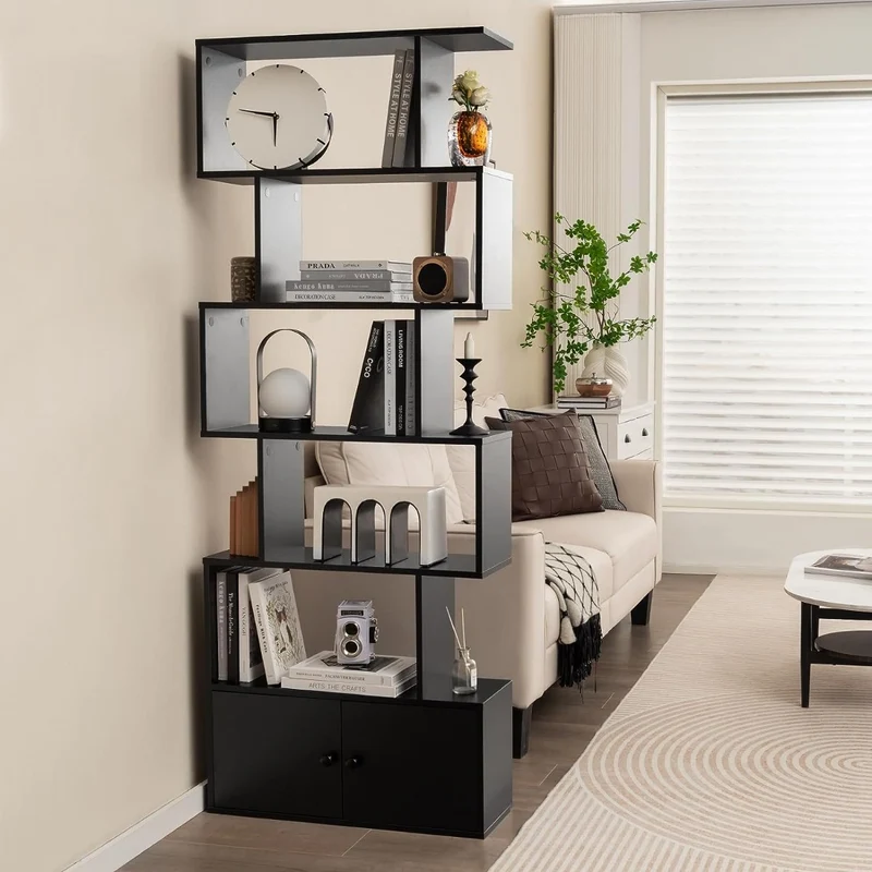 Costway - Bücherregal,Bücherregal mit Türen & 5 Ebenen, Standregal, aus Holz 183 x 70 x 23 cm Raumteiler Schwarz