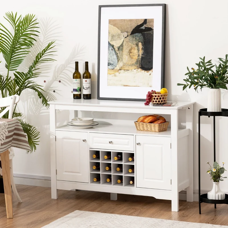 Costway - Sideboard, Modernes Esszimmerbuffet mit Kreuzförmigem, Weinregal, Flaschenregal, Offenem Regal 2 Schränken & Schublade Weiß