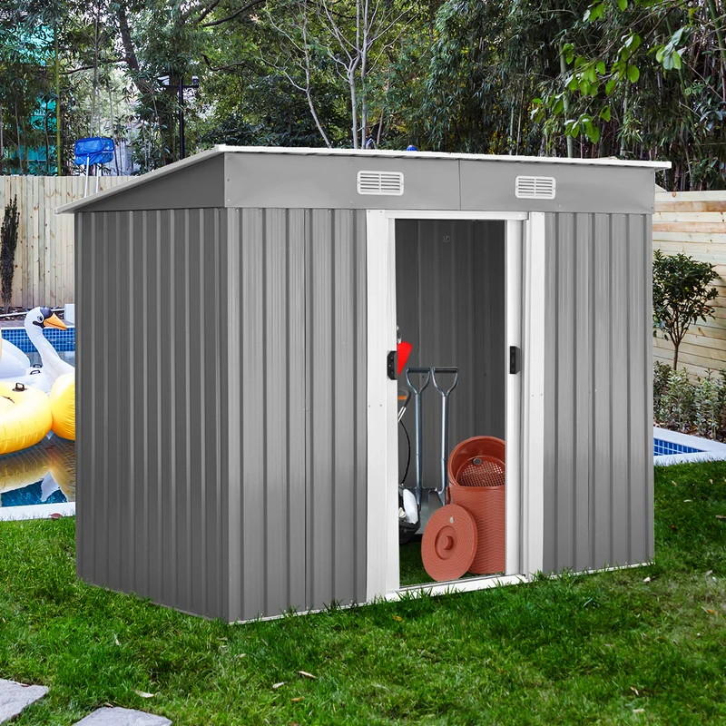 Costway - Geräteschuppen, Gartenschrank Wetterfest, Gerätehaus metall, 238 x 131 x 181 cm, Mit 2 Schiebetüren, Outdoor Schrank, hochwertigem Stahl