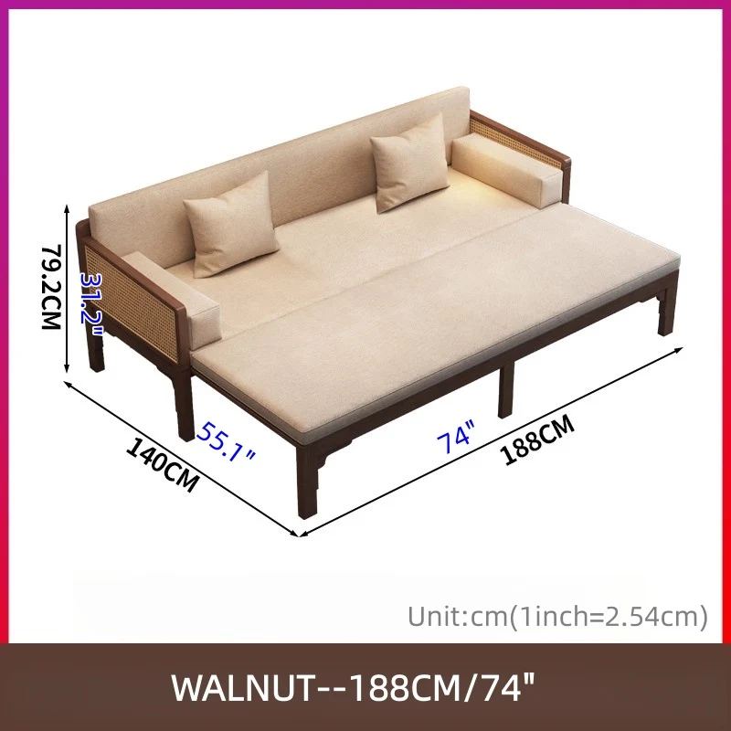 Ausziehbares Arhat-Schlafsofa mit Massivholzrahmen, Rattan-Geflecht an den Armlehnen.