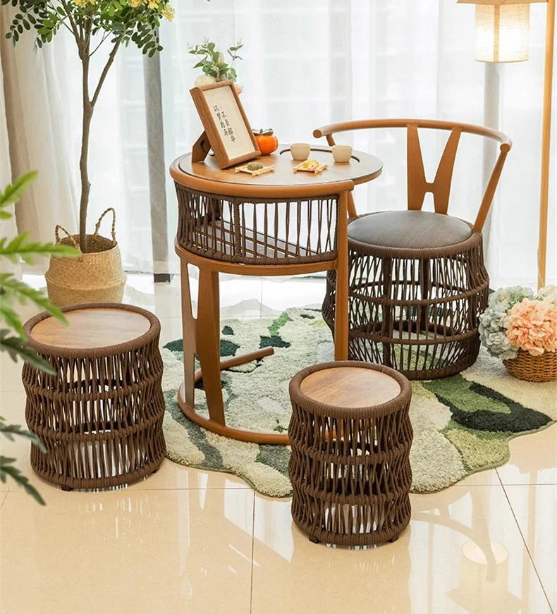 Platzsparender Tisch aus geflochtenem PE-Seil, Aluminiumrahmen, stapelbare Stühle für Veranda, Hinterhof, Balkon, Garten
