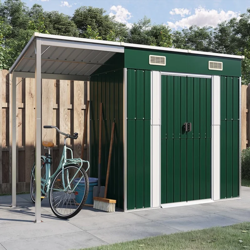 vidaXL - Geräteschuppen, Gartenschrank Wetterfest, Gerätehaus metall, Gartenhaus mit Schleppdach, 277x110,5x181 cm, Outdoor schrank, Stahl, Grün