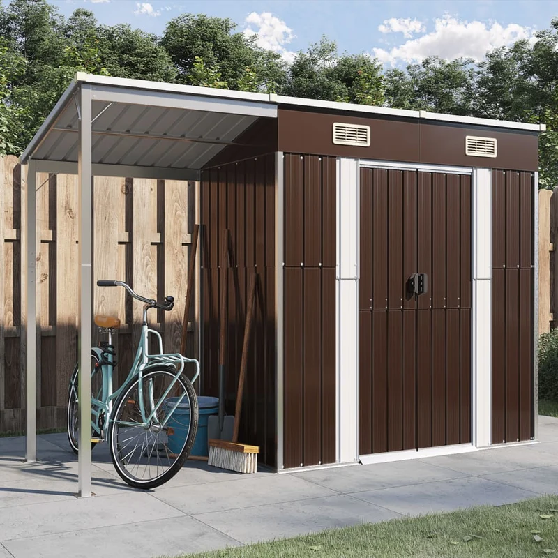 vidaXL - Geräteschuppen, Gartenschrank Wetterfest, Gerätehaus metall, Gartenhaus mit Schleppdach, 277x110,5x181 cm, Outdoor schrank, Stahl, Braun