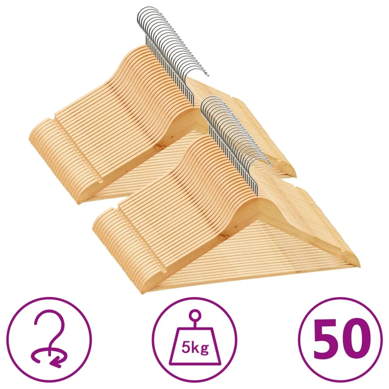 vidaXL – Kleiderbügel aus Hartholz im 50er-Set, mit Hosenstange, Kerben und drehbarem Haken, Hellbraun