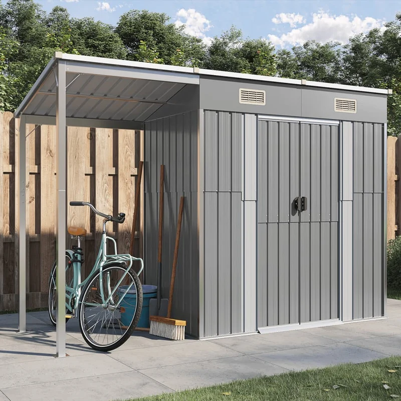 vidaXL – schmales Gartenhaus aus Metall mit Schleppdach, 277 × 110,5 × 157/181 cm, verzinkter Stahl, Hellgrau