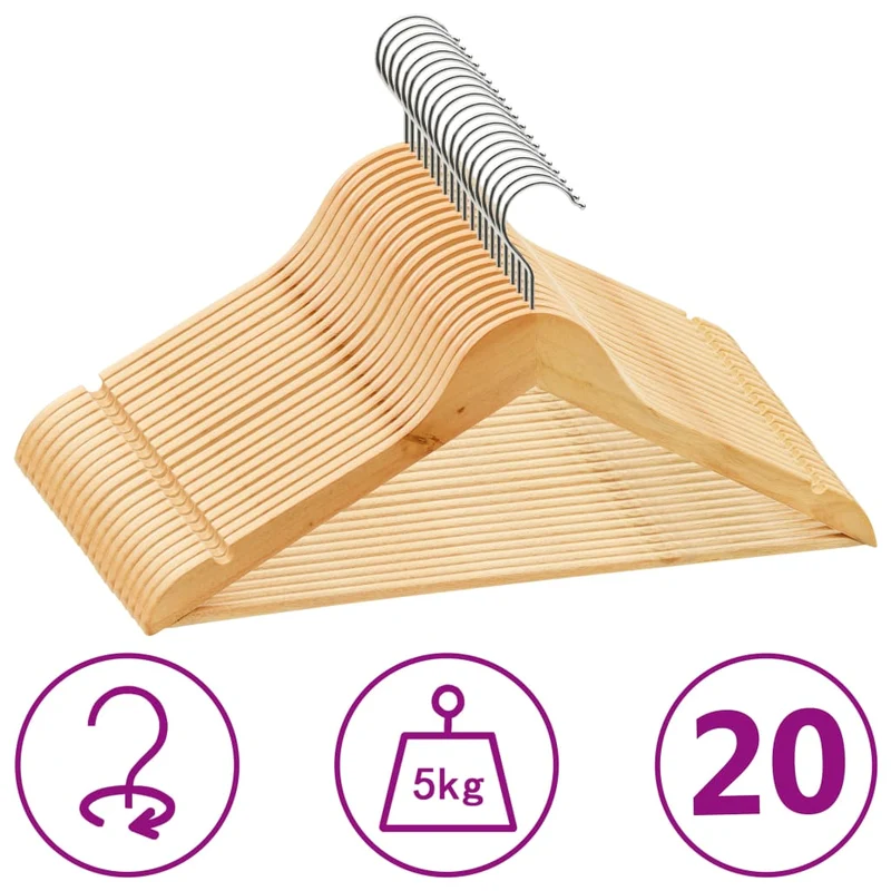 vidaXL - Kleiderbügel Holz, Kleiderbügel, Set 20 Stk. Hosen Kleiderbügel, mit Hosenstange, Rutschfest, drehbarer Haken, Natürliche farbe, Hartholz