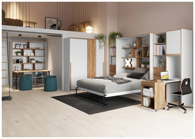 Schwebetürenschrank S-ROOM mit Zusatzfächern in Weiß und Catania Eiche