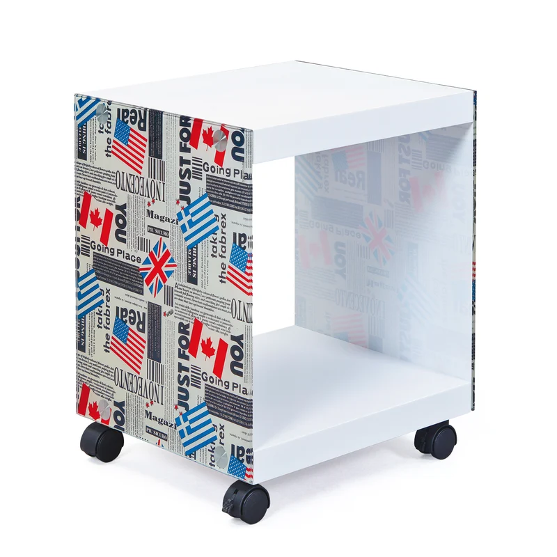 Beistelltisch FLAGCUBE mit Rollen, Cube-Design in Weiß-Bunt