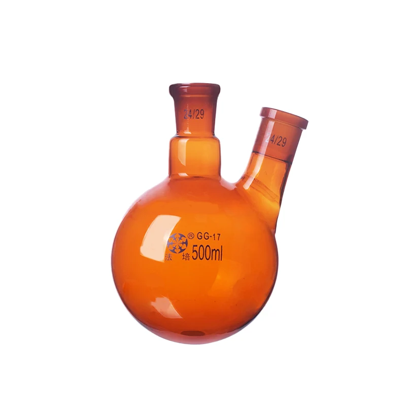 Doppelhals-Rundkolben, abgeschrägte Seitenhälse, Braunglas, 100 ml bis 1000 ml