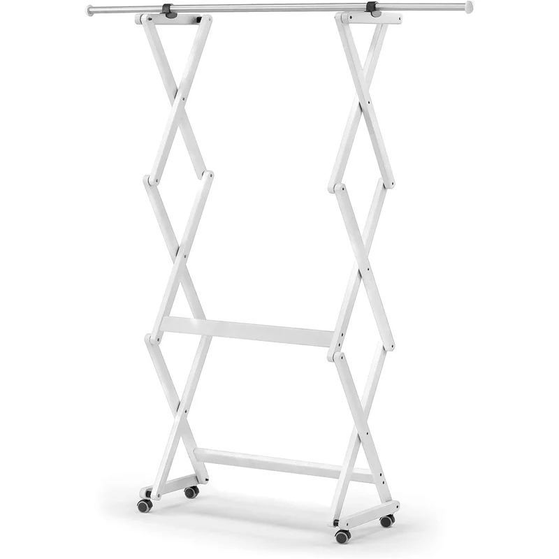 ARIT FELIX – Klappbarer Kleiderständer aus massiver Buche mit ausziehbarer Edelstahlstange, 78–140 cm, bis 30 kg, Weiß