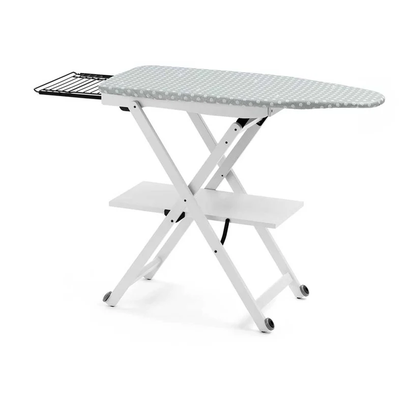 STIROCOMODO - Bügelbrett, Bügeltisch, Holz, Klappbar, Höhenverstellbar: 84-88-91-93 cm, auf Rädern, verschiebbarer Bügeleisenhalter, Buche, Weiß