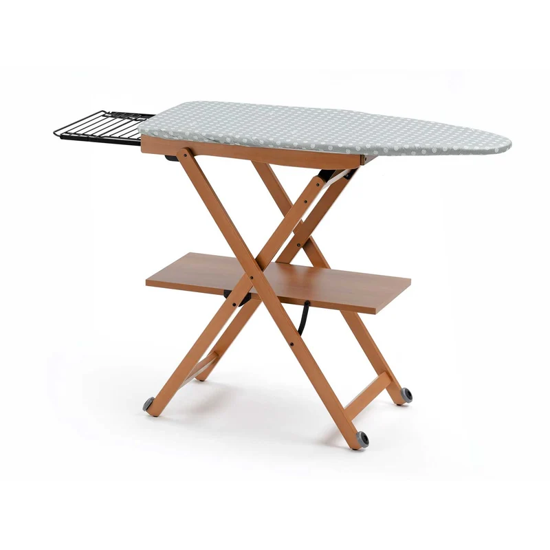 STIROCOMODO - Bügeltisch, Bügelbrett, Holz, Klappbar, Höhenverstellbar: 84-88-91-93 cm, auf Rädern, verschiebbarer Bügeleisenhalter, Buche, Kirschbaum
