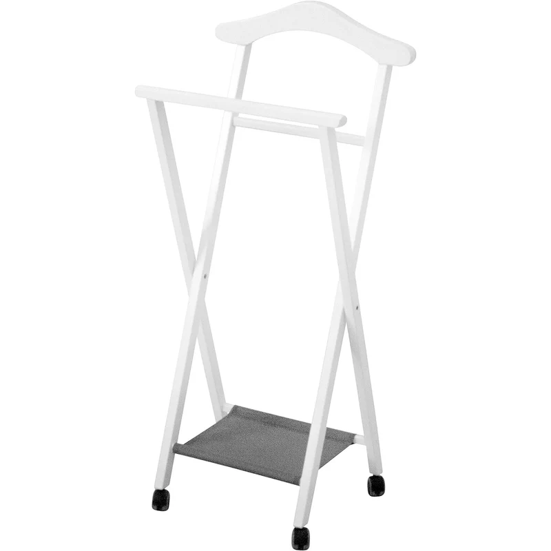 ARIT NELSON - Garderobenständer, Herrendiener, Stummer Diener Holz, Klappbar, 1 Kleiderbügel, Hosenablage und Schuhablage aus Textilene, Farbe Weiß