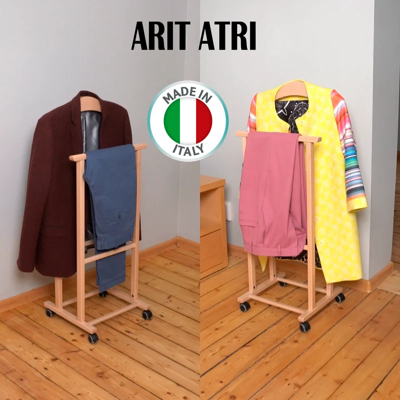 ARIT ATRI - Herrendiener, auf Rollen, Stummer Diener Holz, Buche, Made in Italy, Herrendiener für Frauen, Kleiderbügel, Hosenständer, Farbe Natur