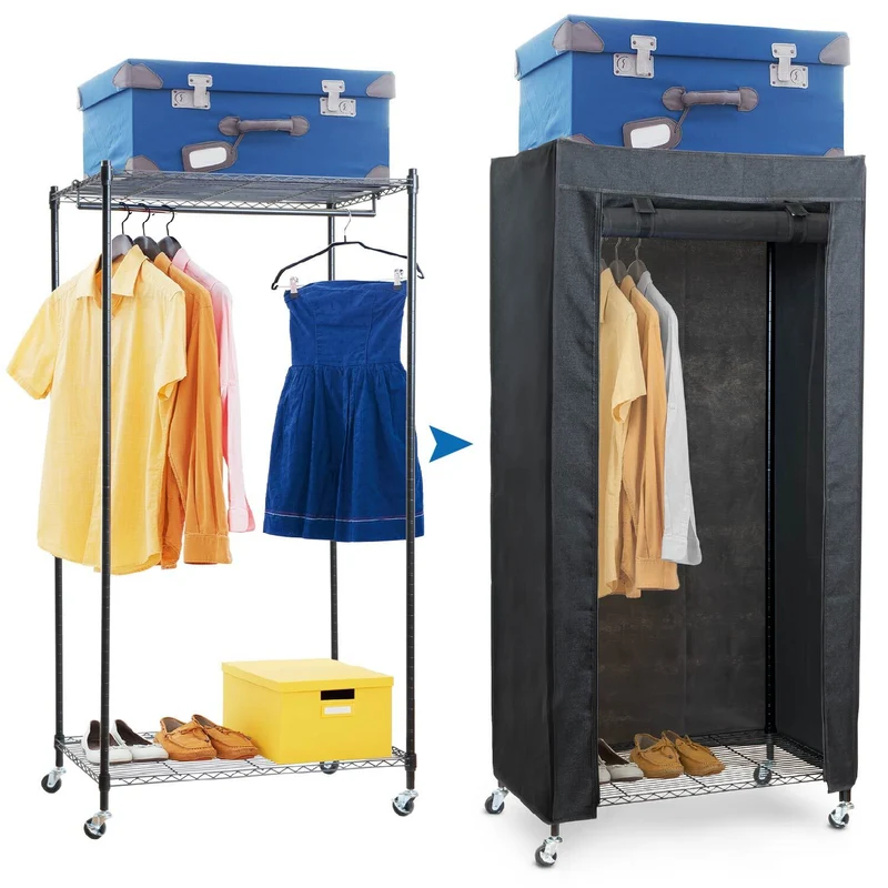 art moon Buffalo Schwerlast Faltschrank auf Rollen, bis 70kg, Kellershrank, Stoffschrank Stabil, Kleiderständer mit Ablage + Hülle, Stahl, Schwarz