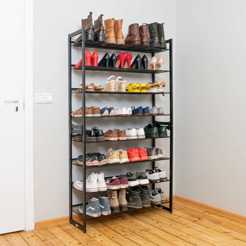 Tatkraft Giza – Schuhregal aus Metall, 8 Ablagen für bis zu 40 Paar Schuhe, stapelbar, 92,3 × 30,5 × 163,4 cm, Industrial Design, Schwarz.