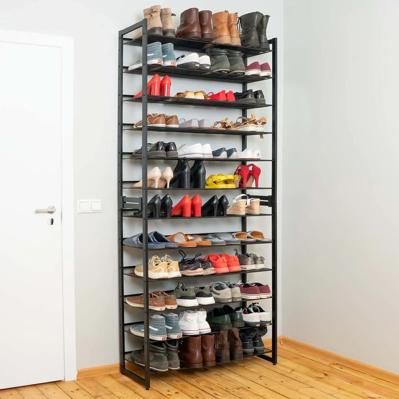 Tatkraft Eiffel – Schuhregal aus Metall, hoch und schmal, 12 Ablagen für bis zu 60 Paar Schuhe, 92,5 × 30,7 × 223 cm, bis 120 kg, schwarz
