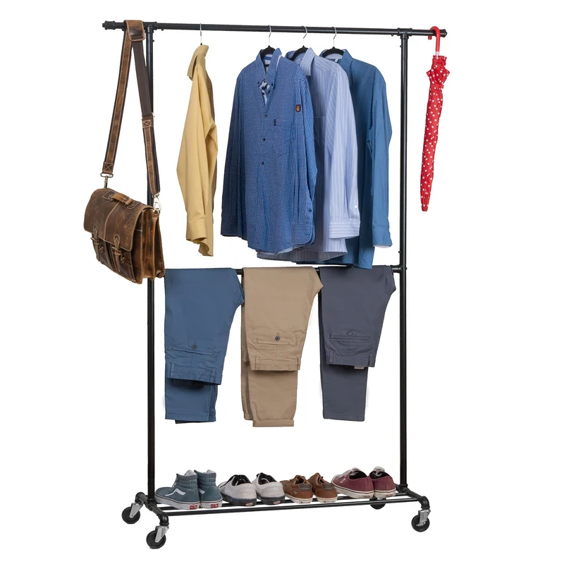 Tatkraft Drago – Stabiler Schwerlast-Kleiderständer auf Rollen, 2 Kleiderstangen, Ablage, bis 110 kg, 130 × 49 × 198 cm, pulverbeschichteter Stahl, Schwarz