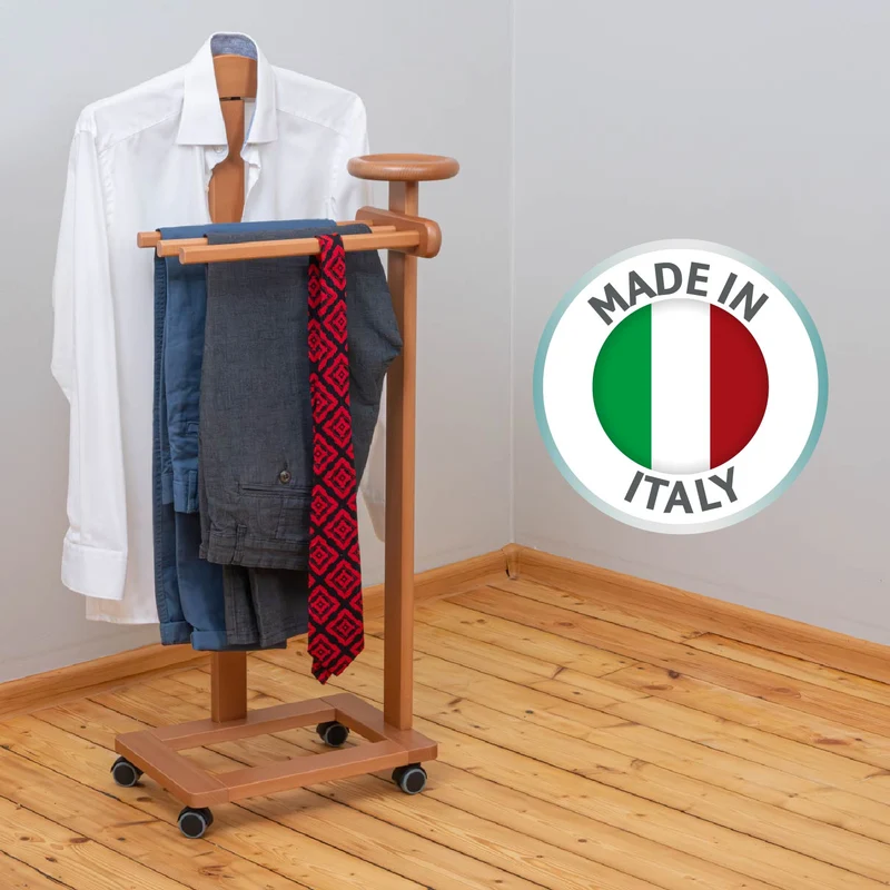 Tatkraft Lord - Herrendiener, auf Rollen, Made in Italy, Stummer Diener, mit Kleiderbügel, 3 Hosenstangen, Ablage, Kirschbaumfarbe, aus Buchenholz