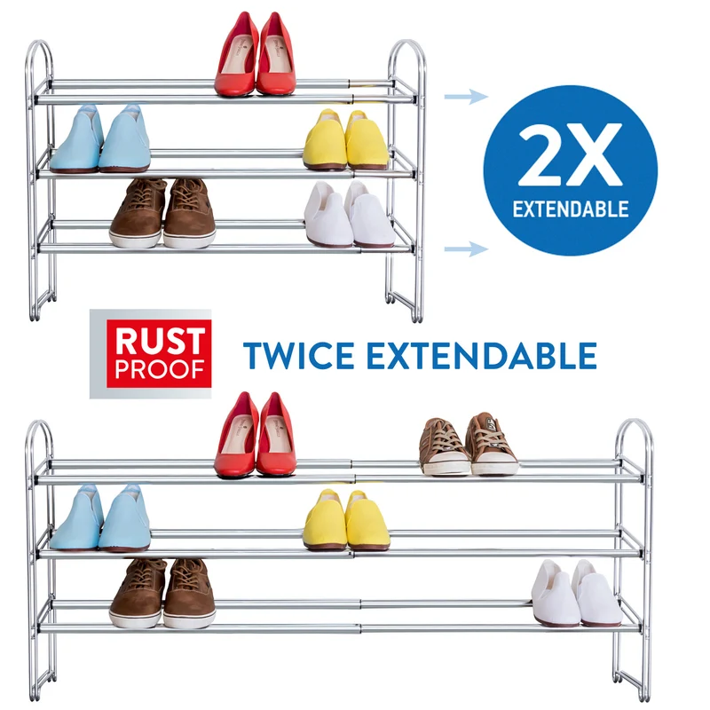 Tatkraft Maestro - Schuhregal, Schwerlast, 3 Etagen, Ausziehbar Länge 64,5 bis 118 cm, Schneller Aufbau, Robust und Stilvoll, aus Stahl