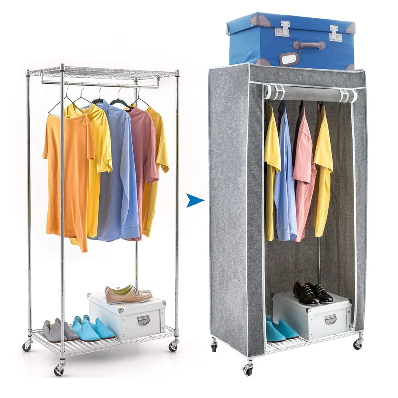 Art Moon Buffalo – Schwerlast Faltschrank mit Rollen, bis 70 kg, Kleiderständer, Mobiler Kleiderschrank mit 2 Ablagen und Kleiderstange, Stahl, Grau