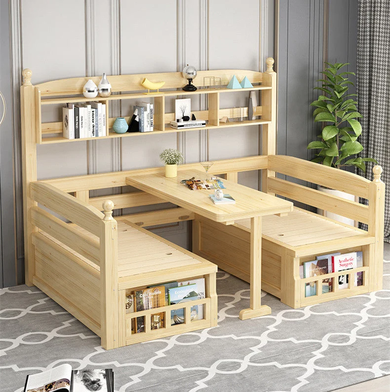 Schlafsofa aus Massivholz mit Schreibtisch und Bücherregal