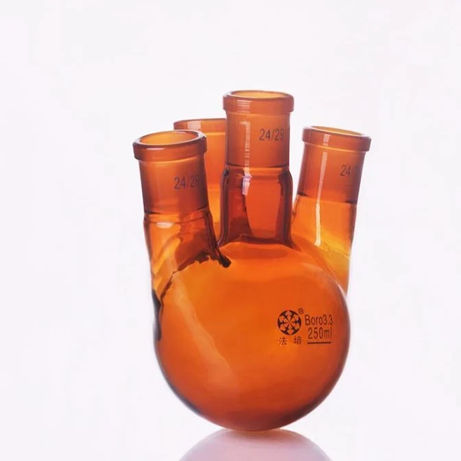 Vierhals Rundkolben, Seitenhälse schräg, Braunglas, 100 ml bis 500 ml